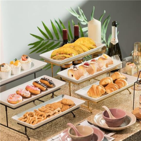 3 Tier Serving Stand with Porcelain Serving Platter Tray -Collapsible Gold Stand - Picture 4 of 7